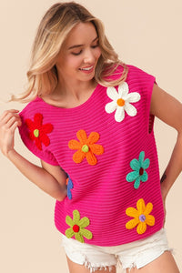 Thumbnail for BiBi Flower Round Neck Cap Sleeve Knit Top