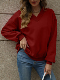 Thumbnail for V-Neck Long Sleeve Dropped Shoulder Sweatshirt