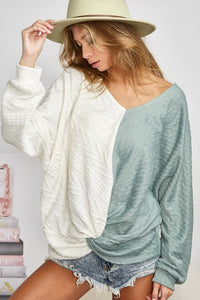 Thumbnail for BiBi Twist Front Contrast Cable Knit Top