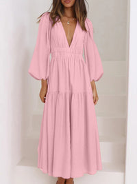 Thumbnail for Deep V-Neck Balloon Sleeve Plain Maxi Dress