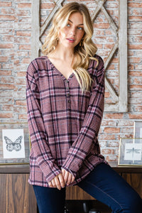 Thumbnail for Heimish Full Size Plaid V-Neck Long Sleeve Top