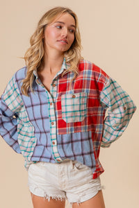 Thumbnail for BiBi Color Block Plaid Button Down Shirt