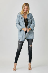 Thumbnail for RISEN Distressed Raw Hem Denim Shirt