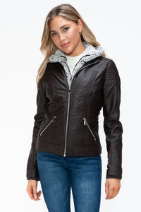 Thumbnail for YMI Faux Layered Double-Zipper Jacket with Fuzzy Hood