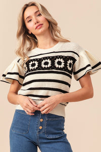 Thumbnail for BiBi Granny Square Short Sleeve Striped Sweater