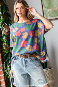 Thumbnail for HOPELY Full Size Floral Round Neck Side Slit T-Shirt