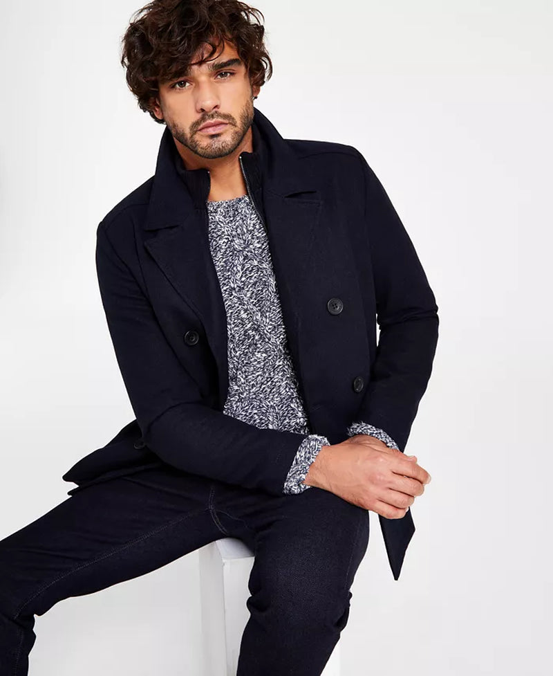 Men'S Double Breasted Wool Blend Peacoat with Bib