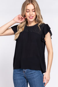 Thumbnail for ACTIVE BASIC Ruffle Short Sleeve Crochet Blouse