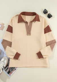 Thumbnail for Color Block Johnny Collar Long Sleeve Sweatshirt