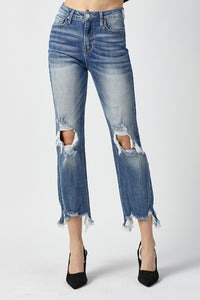 Thumbnail for RISEN High Waist Distressed Frayed Hem Cropped Straight Jeans