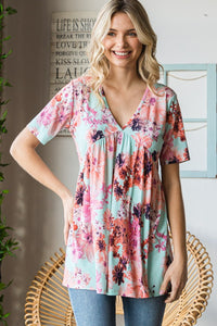 Thumbnail for Heimish Full Size Floral V-Neck Short Sleeve Babydoll Blouse