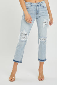 Thumbnail for RISEN Mid-Rise Sequin Patched Jeans