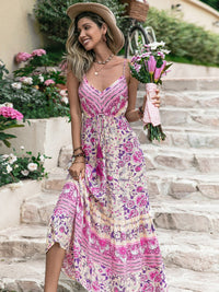 Thumbnail for Tassel Printed V-Neck Maxi Dress