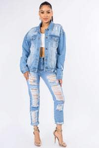 Thumbnail for American Bazi Graphic Distressed Long Sleeve Denim Jacket