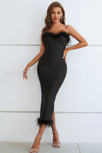 Thumbnail for Feather Trim Strapless Sweetheart Neck Dress