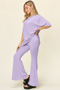 Thumbnail for Double Take Full Size Round Neck Drop Shoulder T-Shirt and Flare Pants Set