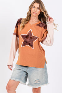 Thumbnail for SAGE + FIG Star Patch Long Sleeve Color Block T-Shirt