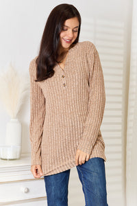 Thumbnail for Double Take Notched Neck Ribbed Long Sleeve T-Shirt