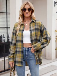 Thumbnail for Mandy Pocketed Plaid Collared Neck Long Sleeve Shirt