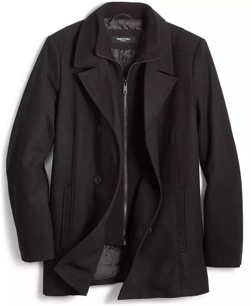 Men'S Double Breasted Wool Blend Peacoat with Bib