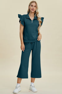 Thumbnail for Double Take Full Size Texture Ruffle Short Sleeve Top and Wide Leg Pants Set