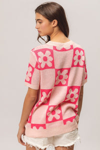 Thumbnail for BiBi Flower Checker Pattern Short Sleeve Sweater