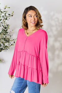 Thumbnail for Double Take Half Button Long Sleeve Ruffle Hem Blouse