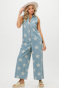 Thumbnail for BiBi Star Print Half Zip Sleeveless Denim Jumpsuit