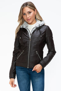 Thumbnail for YMI Faux Layered Double-Zipper Jacket with Fuzzy Hood