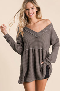 Thumbnail for BiBi Waffle Knit V-Neck Babydoll Blouse