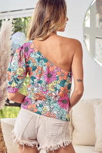 Thumbnail for BiBi Floral Puff Sleeve One Shoulder Top