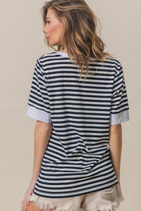 Thumbnail for BiBi Contrast Striped Notched Knit Top