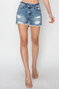 Thumbnail for RISEN Stepped Waist Frayed Denim Shorts