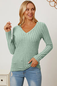 Thumbnail for Basic Bae Full Size Ribbed V-Neck Long Sleeve T-Shirt