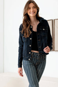 Thumbnail for Dark Wash Front Pockets Gold Buttons Denim Jacket