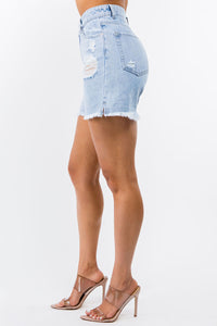 Thumbnail for American Bazi High Waist Distressed Raw Hem Denim Shorts