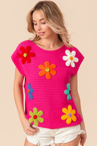 Thumbnail for BiBi Flower Round Neck Cap Sleeve Knit Top