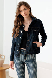 Thumbnail for Dark Wash Front Pockets Gold Buttons Denim Jacket