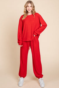 Thumbnail for Super Lady Full Size Crinkle Check Round Neck Top and Pants Lounge Set