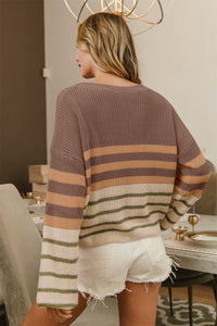 Thumbnail for BiBi Color Block Striped Long Sleeve Sweater