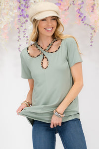 Thumbnail for Celeste Full Size Crisscross Cutout Leopard Contrast Trim T-Shirt