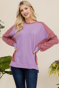 Thumbnail for Celeste Full Size High-Low Contrast Round Neck Sweatshirt