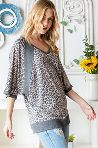 Thumbnail for Heimish Full Size Leopard Contrast V-Neck Half Sleeve T-Shirt