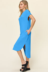 Thumbnail for Double Take Full Size Round Neck Short Sleeve Slit Dress