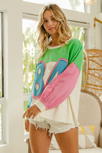 Thumbnail for BiBi Color Block Patched Long Sleeve Top