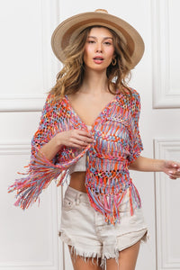 Thumbnail for BiBi Open Front Fringed Crop Knit Cardigan