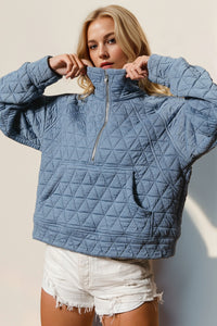 Thumbnail for Double Take Half Zip Long Sleeve Quilted Sweatshirt with Pocket