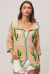 Thumbnail for BiBi Edge Stitched Cactus Patch Sweater Cardigan