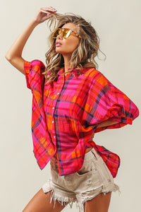 Thumbnail for BiBi Button Up Dolman Sleeve Plaid Shirt