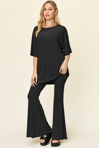 Thumbnail for Double Take Full Size Round Neck Drop Shoulder T-Shirt and Flare Pants Set